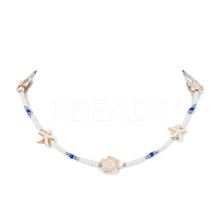 Tortoise & Starfish Synthetic Turquoise & Round Seed Beaded Necklace NJEW-TA00125-1