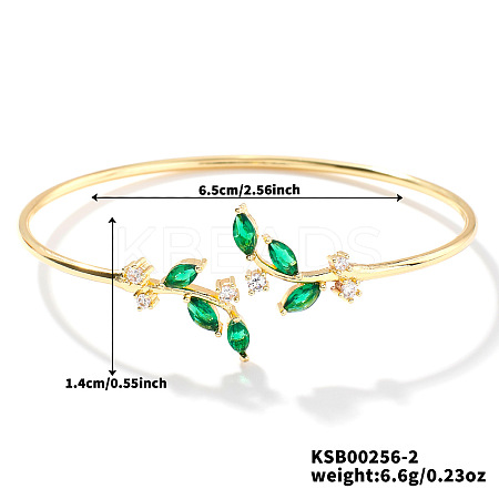 Elegant Brass Cubic Zirconia Leaf Cuff Bangles for Women VL7639-2-1