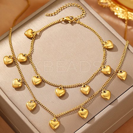 304 Stainless Steel Heart Pendant Curb Chain Necklaces & Bracelets Sets for Women SJEW-F225-02G-1