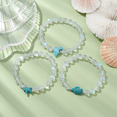 3Pcs Beach Dolphin & Turtle & Starfish Dyed Synthetic Turquoise Bead Bracelets BJEW-JB10252-1