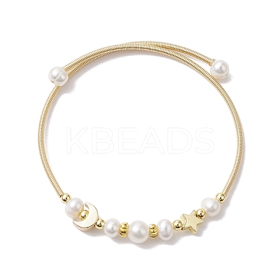 Natural Cultured Freshwater Pearl Bangle with Star Moon Brass Beads BJEW-JB10194-1