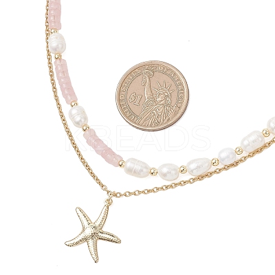 Natural Rose Quartz Heishi Beads and Rice Natural Pearl Beaded Double Layer 304 Stainless Steel Starfish Pendant Necklaces NJEW-JN05847-03-1