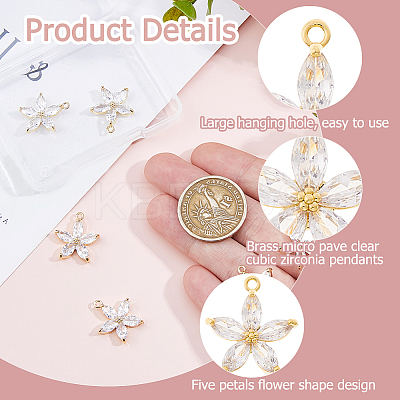 6Pcs Brass Micro Pave Clear Cubic Zirconia Pendants ZIRC-HS0001-08-1