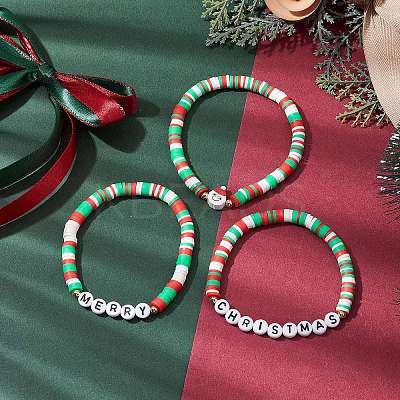 3Pcs 3 Styles Handmade Polymer Clay Beaded Stretch Bracelet Sets BJEW-JB10806-1