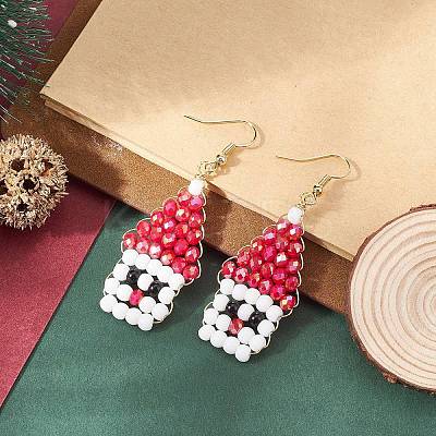 Glass Beaded Santa Claus Dangle Earrings EJEW-TA00238-1