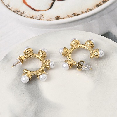 304 Stainless Steel ABS Imitation Pearl C-Shaped Stud Earrings EJEW-K268-58G-1