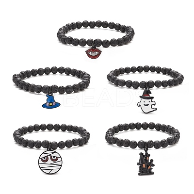 Natural Lava Rock Round Beaded Stretch Bracelet with Enamel Halloween Charms BJEW-JB08331-1
