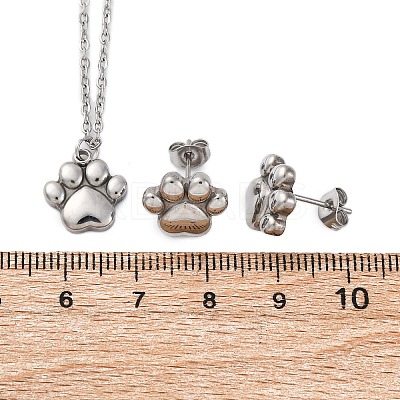 Dog Paw Print 304 Stainless Steel Pendant Necklaces & Bracelets & Stud Earrings Sets for Women SJEW-C004-20P-1