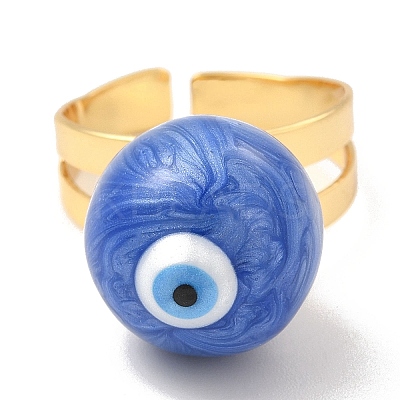 Enamel Round with Evil Eye Beaded Open Cuff Ring RJEW-E069-03G-1