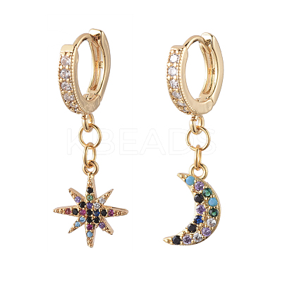 Star and Moon Asymmetrical Dangle Hoop Earrings EJEW-JE04031-01-1