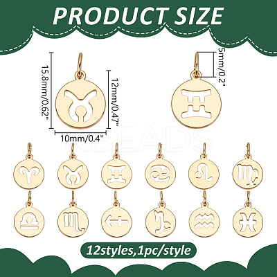 12Pcs 12 Styles Flat Round with Twelve Constellations Brass Charms PALLOY-WR00028-1