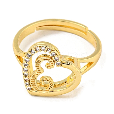 Heart with Letter Rack Plating Brass Micro Pave Cubic Zirconia Adjustable Rings for Women RJEW-I105-06G-E-1