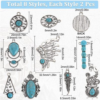 16Pcs 8 Styles Synthetic Turquoise Alloy Pendants FIND-SC0009-11-1