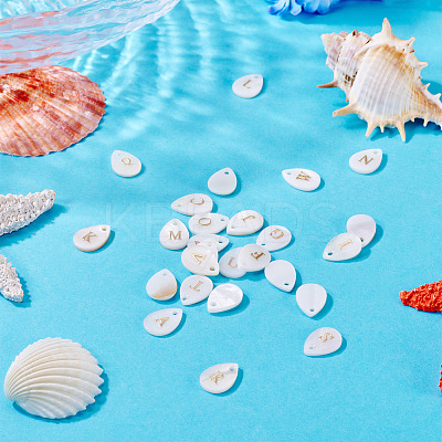 26Pcs 26 Styles Natural Shell Teardrop Charms with Golden Tone Metal Letter Slices SHEL-TAC0004-02-1
