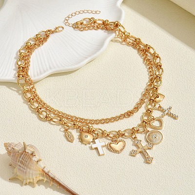 Alloy Crystal Rhinestone and Enamel Cross Heart Multi-Charm Double Layer Necklaces for Women WGEBEB6-01-1