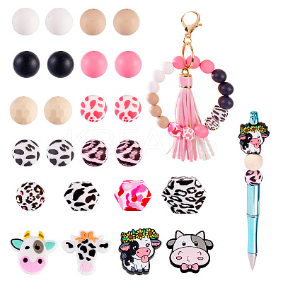 80Pcs Round & Cow Stripe Food Grade Eco-Friendly Silicone Focal Beads SIL-TA0002-68-1