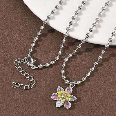 Brass Pave Pink and Clear Cubic Zirconia with Enamel Flower Pendant Ball Chain Necklaces NJEW-G183-04P-1