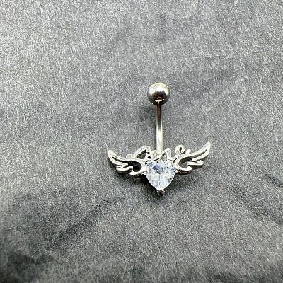 Heart with Wings Brass Crystal Rhinestone Curved Barbell Belly Rings FS-WG4497F-01-1