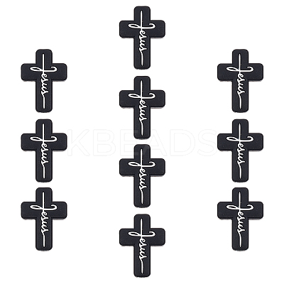 10Pcs Cross with Word Jesus Silicone Beads SIL-OC0001-21-1