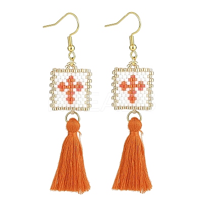 Glass Rectangle with Tassel Dangle Earrings EJEW-MZ00064-1