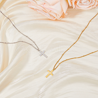 2Pcs 2 Colors 304 Stainless Steel Cross Pendant Necklace with Satellite Chains NJEW-FI0001-48-1