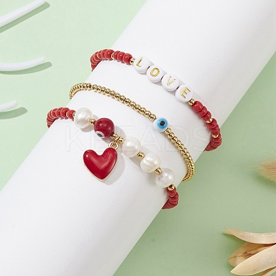 3Pcs 3 Style Natural Pearl & Glass & Acrylic Word Stretch Bracelets Set BJEW-TA00319-1