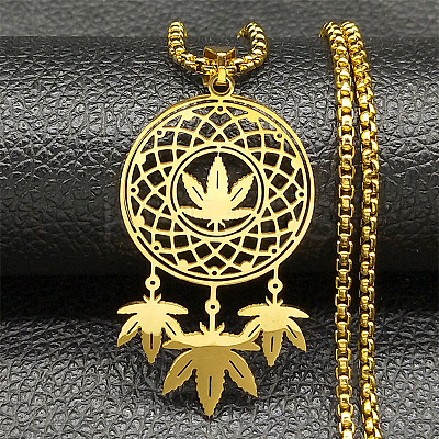 201 Stainless Steel Woven Web/Net with Leaf Pendant Necklaces NJEW-K283-07G-1