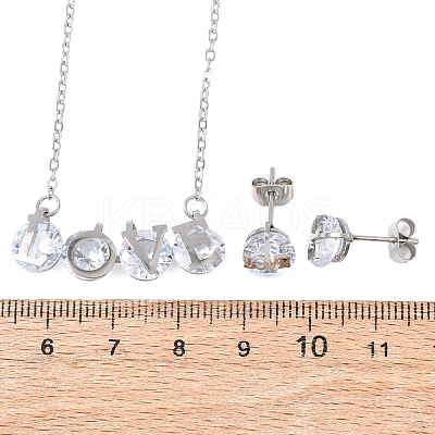 304 Stainless Steel Cubic Zirconia Pendant Necklaces & Stud Earrings for Women SJEW-B022-01P-1