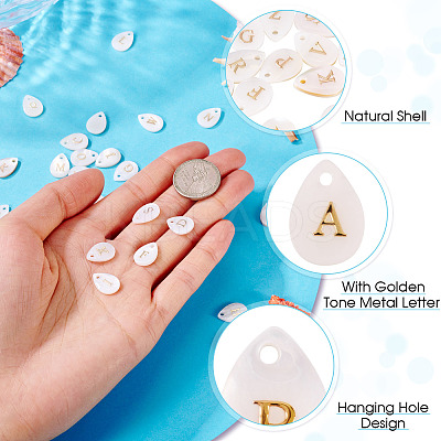 26Pcs 26 Styles Natural Shell Teardrop Charms with Golden Tone Metal Letter Slices SHEL-TAC0004-02-1