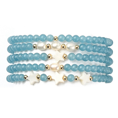 5Pcs 5 Style Natural Dyed White Jade & Pearl & Shell Star Beaded Stretch Bracelets Set BJEW-JB09495-05-1