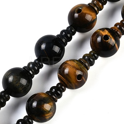 Natural Yellow Tiger Eye & Dyed Blue Tiger Eye(Dyed & Heated) 3-Hole Guru Beads Strands G-H064-E05-04A-1