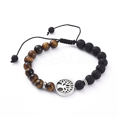 Natural Lava Rock & Tiger Eye Beads Adjustable Braided Bracelets BJEW-JB04987-04-1