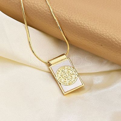 Brass Pave Shell Rectangle Saint Benedict Medal Cross Pendants Necklaces for Women NJEW-Z053-01G-02-1