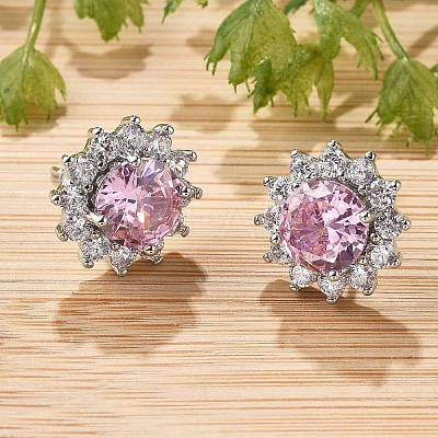 Flower Brass Micro Pave Clear Cubic Zirconia Stud Earrings for Women EJEW-G428-17P-1