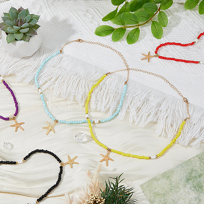 5Pcs 5 Colors Alloy Starfish Boho Pendant Necklaces Set with Glass Beaded Chains NJEW-FI0001-39-1