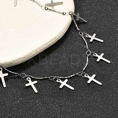 304 Stainless Steel Textured Link Bar Cross Charm Tassel Necklaces NJEW-R023-01P-1
