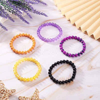5 Colors Halloween Glass Beads Beaded Stretch Bracelet Sets BJEW-TAC0026-1