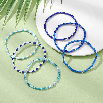 6Pcs Glass Seed & Brass Beaded Stretch Bracelets Set BJEW-JB09538-03-1