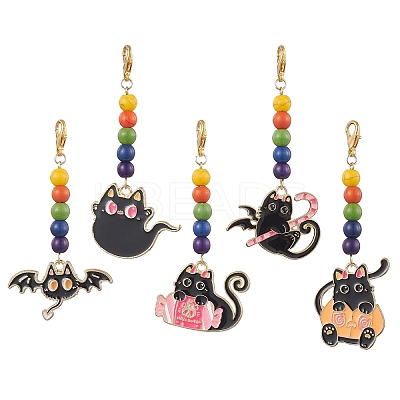 5Pcs 5 Styles Halloween Cat Alloy Enamel Pendant Decorations HJEW-JM01928-1