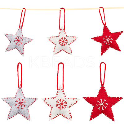 6Pcs 3 Colors Star with Snowflake Felt Fabric Pendant Decoration HJEW-CP0001-09-1