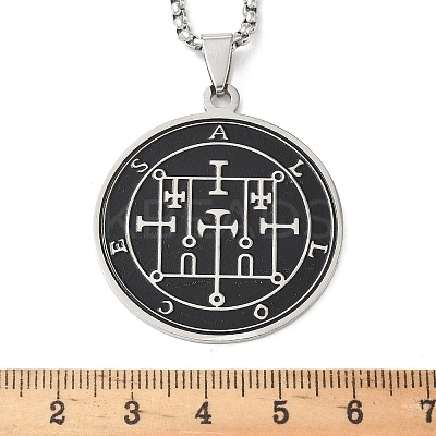 201 Stainless Steel Black Enamel Flat Round Sigil Pendant Necklaces NJEW-H065-03P-1