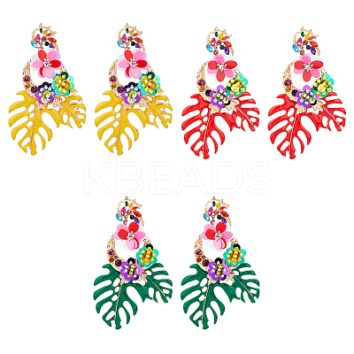 3 Pairs 3 Colors Flower & Leaf Rhinestone Dangle Stud Earrings EJEW-FI0003-21-1
