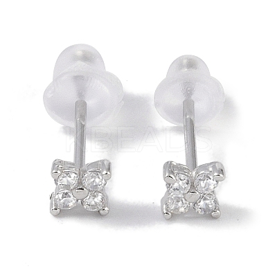 Rhodium Plated Clover 999 Fine Silver Cubic Zirconia Stud Earrings for Women LS-EJEW-S215-16P-1