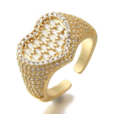 Rack Plating Heart Brass Clear Cubic Zirconia Wide Open Cuff Rings RJEW-S411-12G-01-1