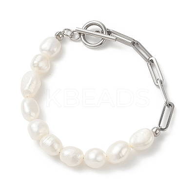 Natural Baroque Pearl Beaded Necklace & Bracelet with 304 Stainless Steel Paperclip Chains SJEW-JS01262-1