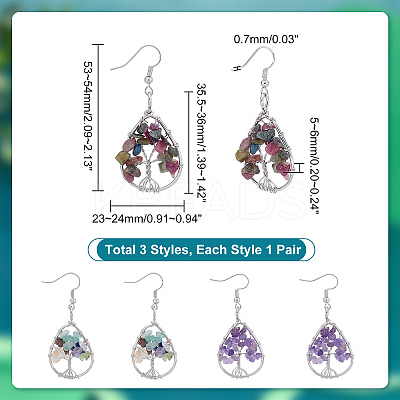3 Pairs 3 Colors Teardrop with Tree of Life Dangle Earrings EJEW-UN0001-98-1