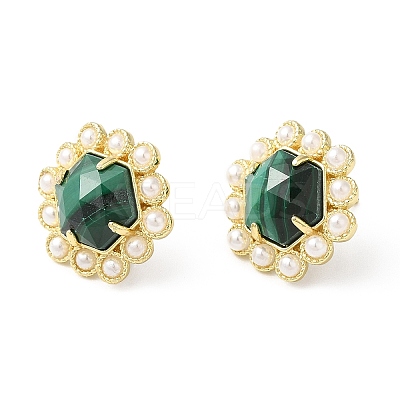 Ion Plating(IP) Natural Malachite Hexagon Stud Earrings with Plastic Pearl Beaded EJEW-E287-01G-01-1