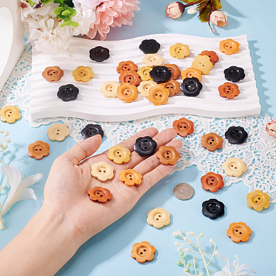 90Pcs 6 Colors 2-Hole Wood Flower Buttons BUTT-TA0001-40D-1