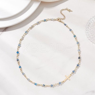 Faceted Dyed Natural Agate Round Beads & 304 Stainless Steel Tiny Cross Handmade Link Chain Necklaces NJEW-JN05842-01-1