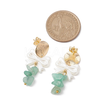 Natural Green Aventurine Chip & Bowknot ABS Imitation Pearl Dangle Earrings EJEW-JE05894-1